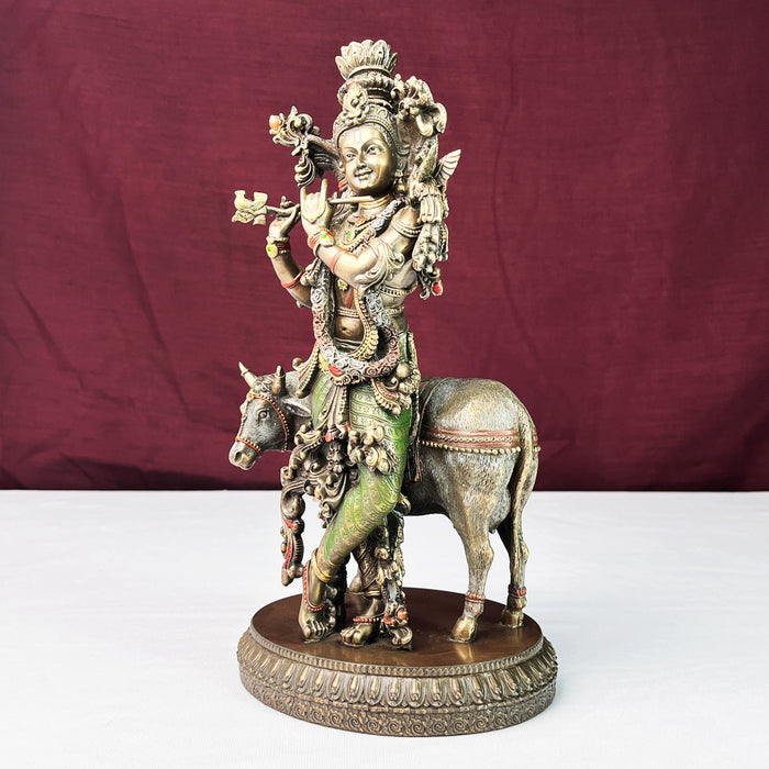 Copper Finish Lord Krishna Playing Flute with Cow Sculpture