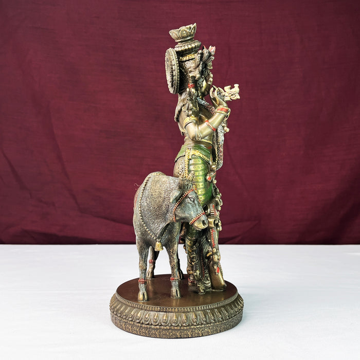 Copper Finish Lord Krishna Playing Flute with Cow Sculpture