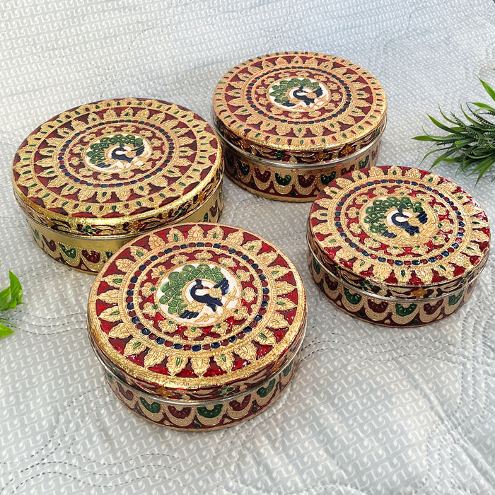 Set of 4 Metal Meenakari Papad Boxes – Elegant Storage Solution