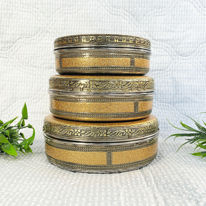 Set of 3 Decorative Meenakari Metal Storage Boxes – Ideal for Papad &amp; Snacks