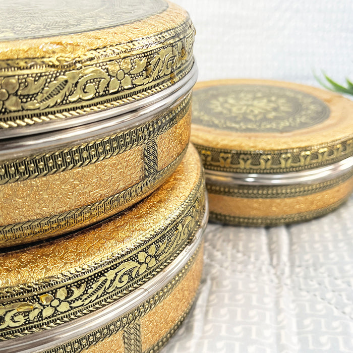 Set of 3 Decorative Meenakari Metal Storage Boxes – Ideal for Papad &amp; Snacks