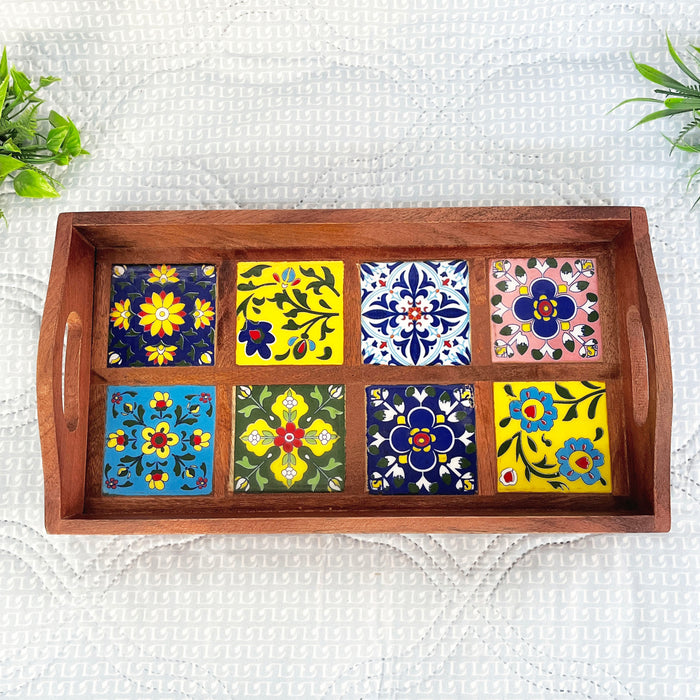 Elegant Wooden Ceramic Tray with 8 Artistic Tiles - 39x21x7 cm