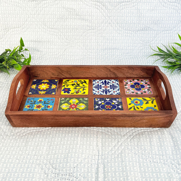Handcrafted Wooden Serving Tray with Ceramic Tile Inlay | Multipurpose Tea & Snack Tray
