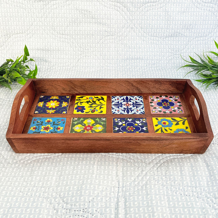 Elegant Wooden Ceramic Tray with 8 Artistic Tiles - 39x21x7 cm