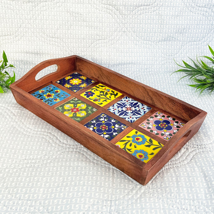 Elegant Wooden Ceramic Tray with 8 Artistic Tiles - 39x21x7 cm