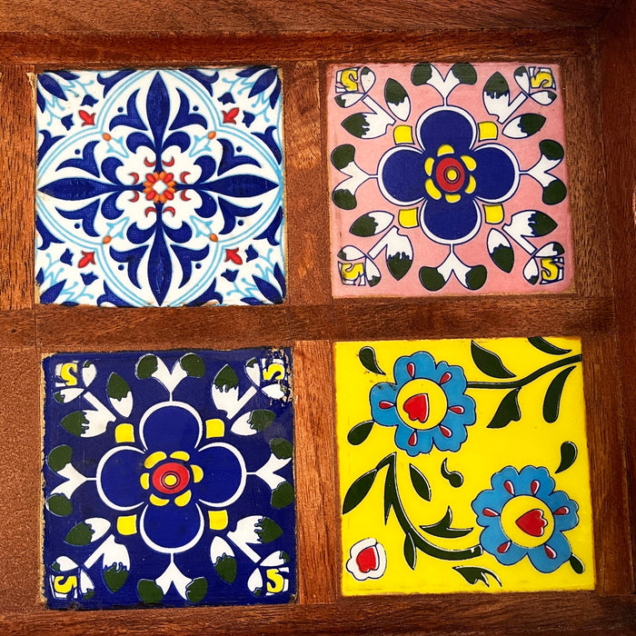 Handcrafted Wooden Serving Tray with Ceramic Tile Inlay | Multipurpose Tea & Snack Tray