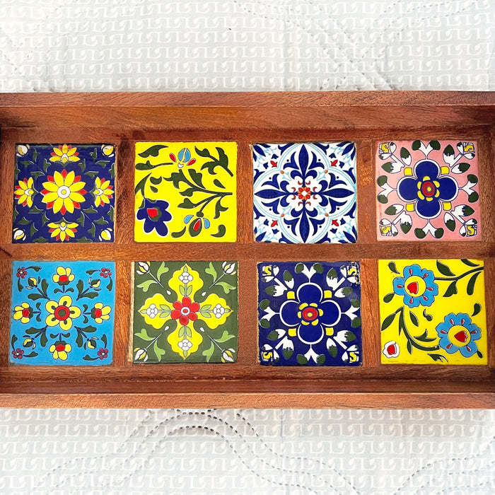 Elegant Wooden Ceramic Tray with 8 Artistic Tiles - 39x21x7 cm