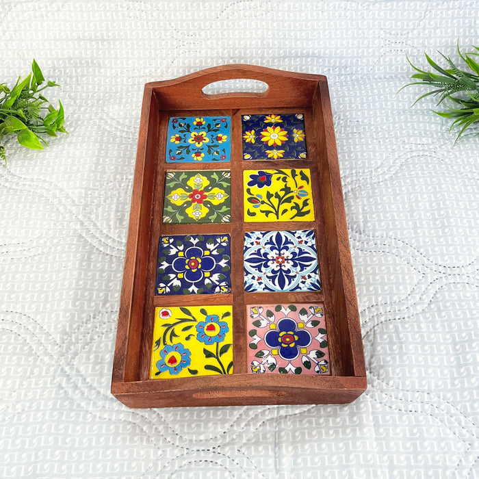 Elegant Wooden Ceramic Tray with 8 Artistic Tiles - 39x21x7 cm