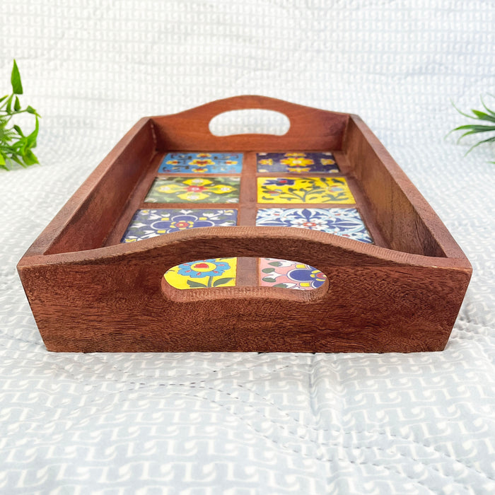 Elegant Wooden Ceramic Tray with 8 Artistic Tiles - 39x21x7 cm