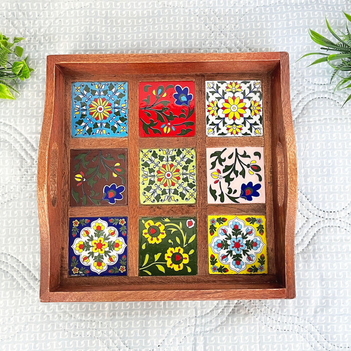 Handcrafted Wooden Serving Tray with Ceramic Tile Inlay | Decorative Tea & Snack Tray