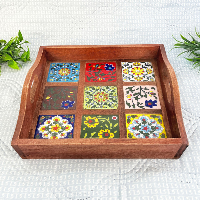 Handcrafted Wooden Serving Tray with Ceramic Tile Inlay | Decorative Tea & Snack Tray