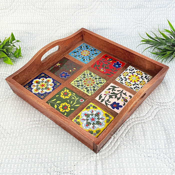 Handcrafted Wooden Serving Tray with Ceramic Tile Inlay | Decorative Tea & Snack Tray
