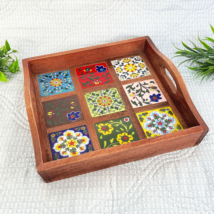 Handcrafted Wooden Serving Tray with Ceramic Tile Inlay | Decorative Tea & Snack Tray