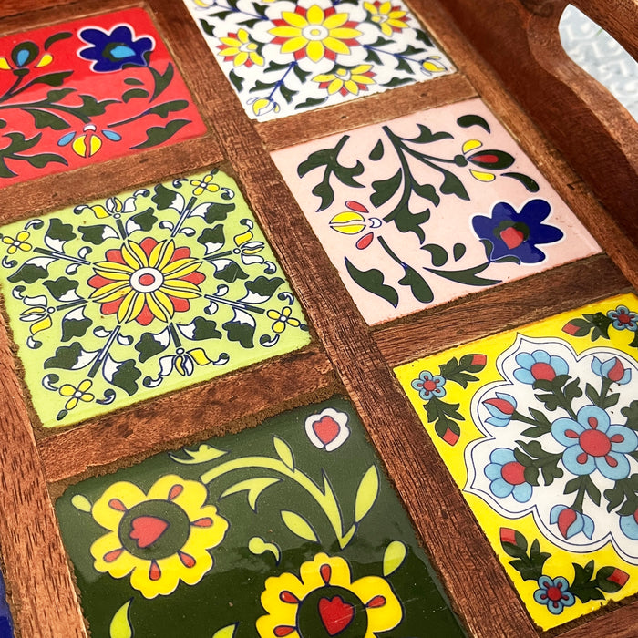 Handcrafted Wooden Serving Tray with Ceramic Tile Inlay | Decorative Tea & Snack Tray