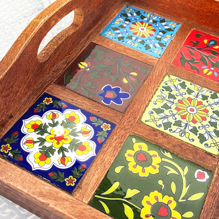 Handcrafted Wooden Serving Tray with Ceramic Tile Inlay | Decorative Tea & Snack Tray