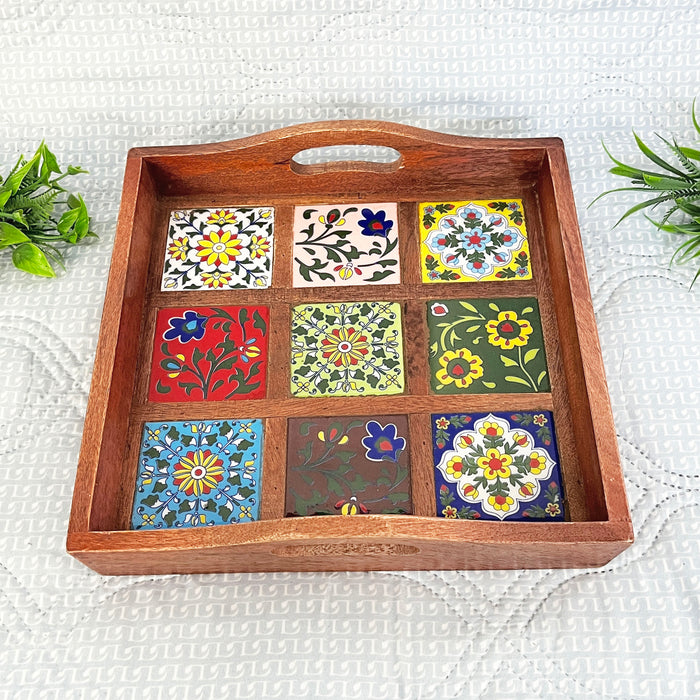 Handcrafted Wooden Serving Tray with Ceramic Tile Inlay | Decorative Tea & Snack Tray