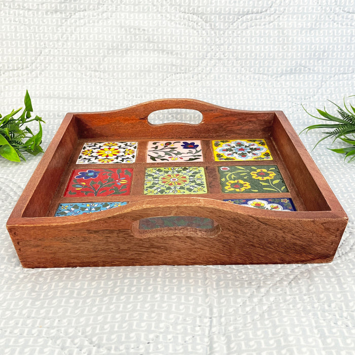 Handcrafted Wooden Serving Tray with Ceramic Tile Inlay | Decorative Tea & Snack Tray