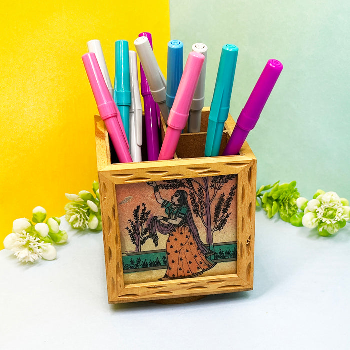 Wooden Pen Stand with Vintage Art Print - 9x9x10 cm