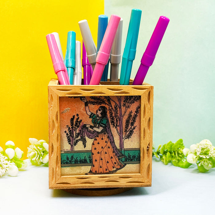 Wooden Pen Stand with Vintage Art Print - 9x9x10 cm