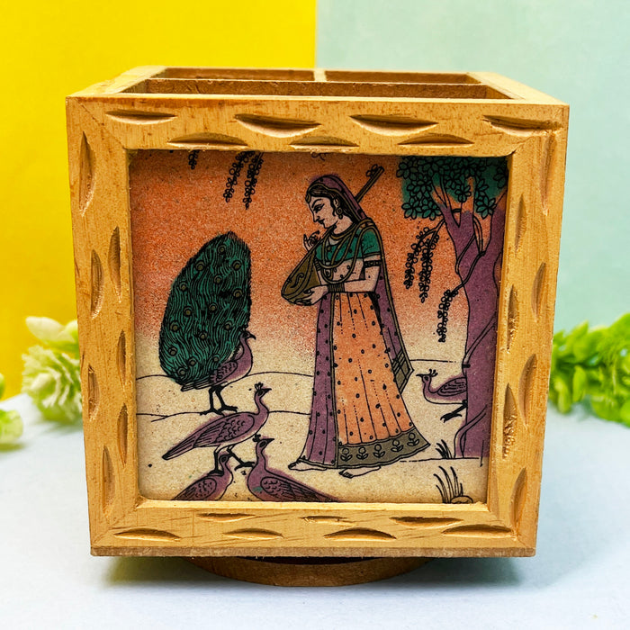 Wooden Pen Stand with Vintage Art Print - 9x9x10 cm