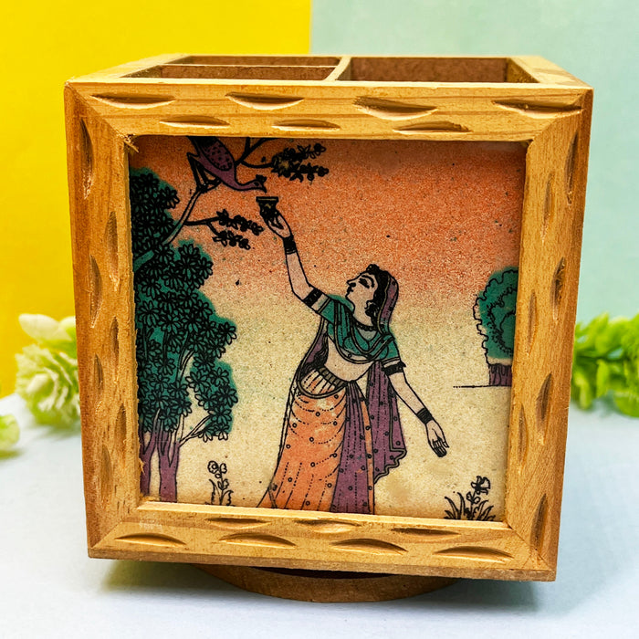 Wooden Pen Stand with Vintage Art Print - 9x9x10 cm