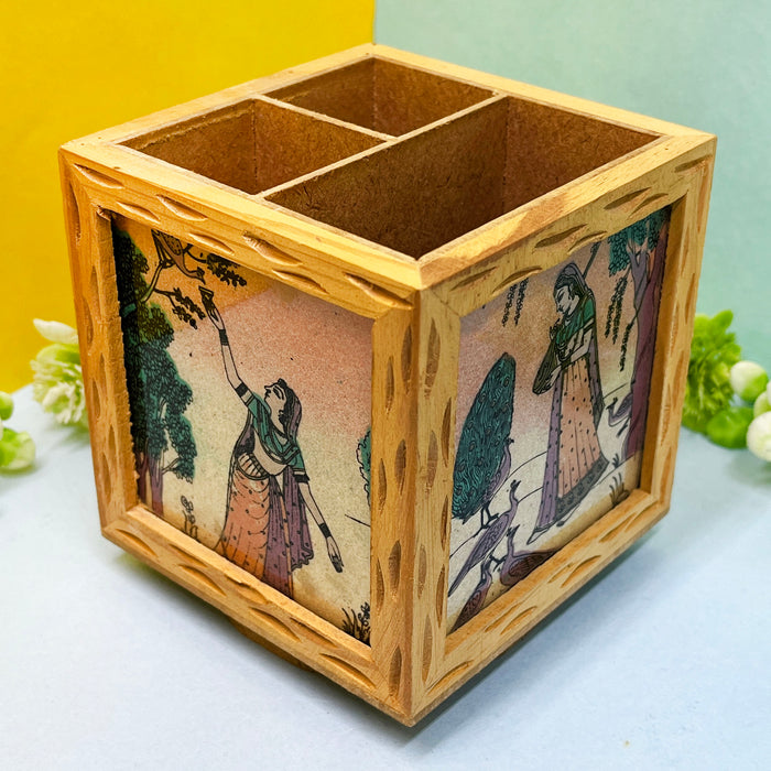 Wooden Pen Stand with Vintage Art Print - 9x9x10 cm