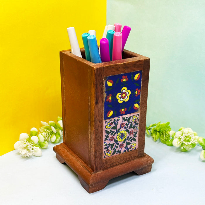 Artistic Wooden Pen Holder with Traditional Print - 9x9.5x14 cm