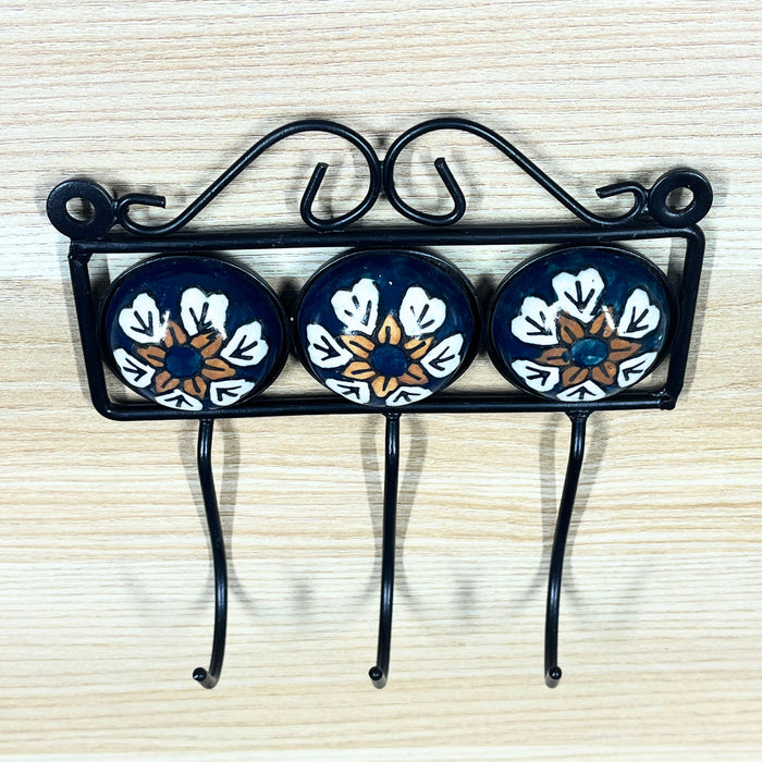 Triple Hook Ceramic &amp; Iron Key Holder – Floral Design, 14.5 x 4.5 x 15 cm