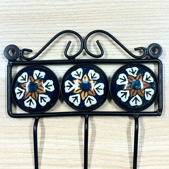 Triple Hook Ceramic &amp; Iron Key Holder – Floral Design, 14.5 x 4.5 x 15 cm