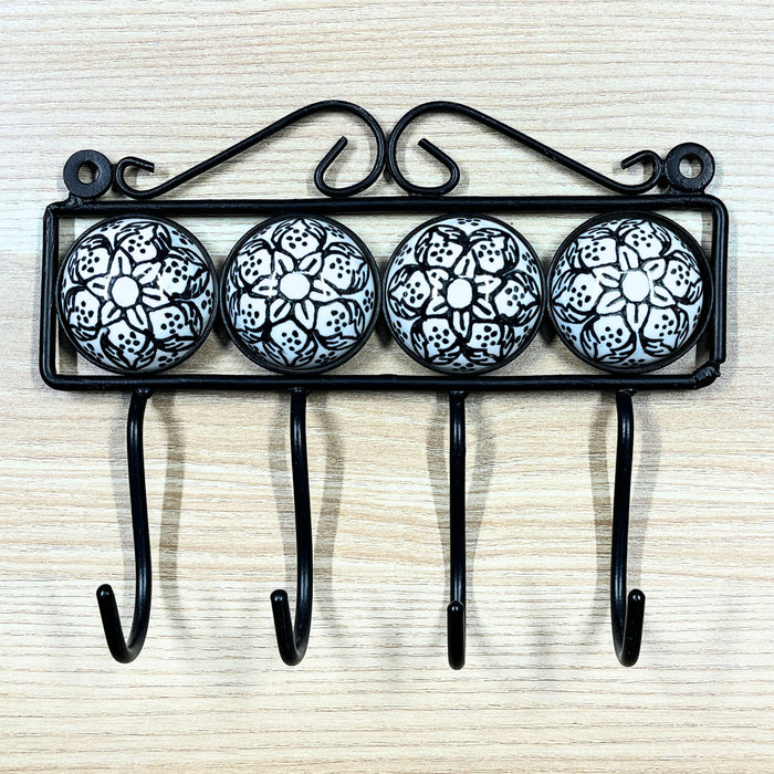 Four Hook Ceramic Key Holder with Floral Design