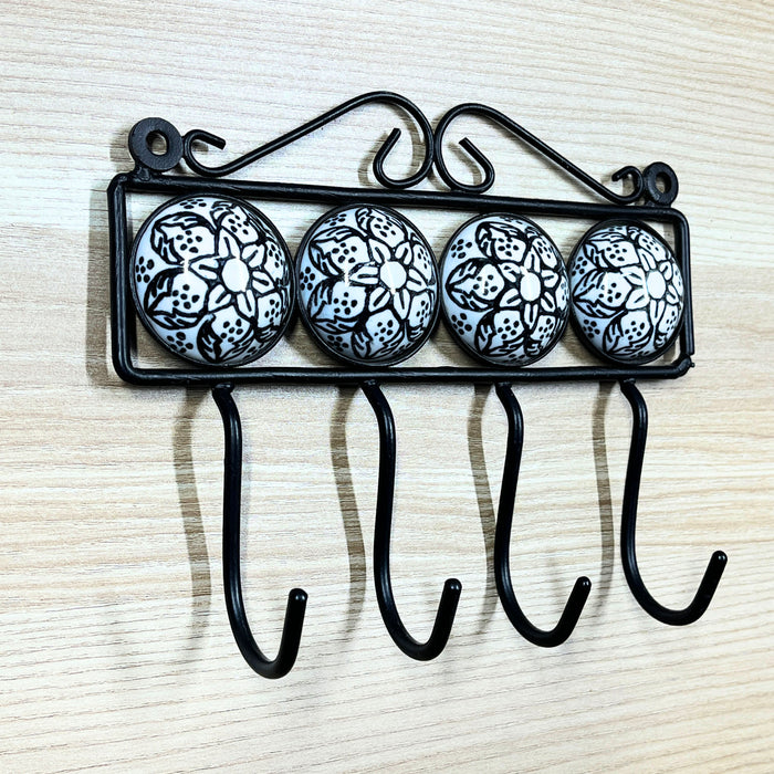 Four Hook Ceramic Key Holder with Floral Design