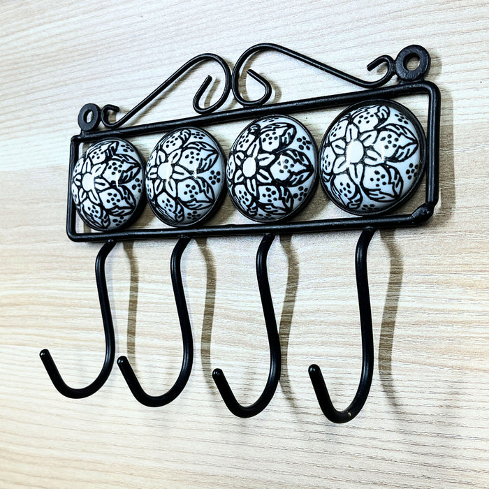 Four Hook Ceramic Key Holder with Floral Design