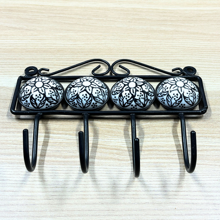 Four Hook Ceramic Key Holder with Floral Design