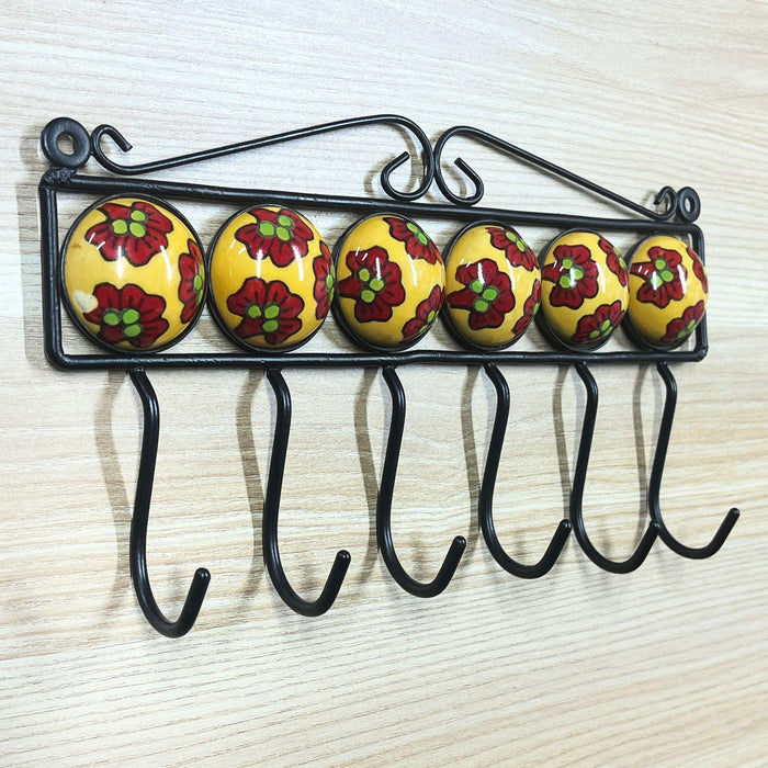 Handcrafted Yellow Ceramic and Iron Wall Hook Rack