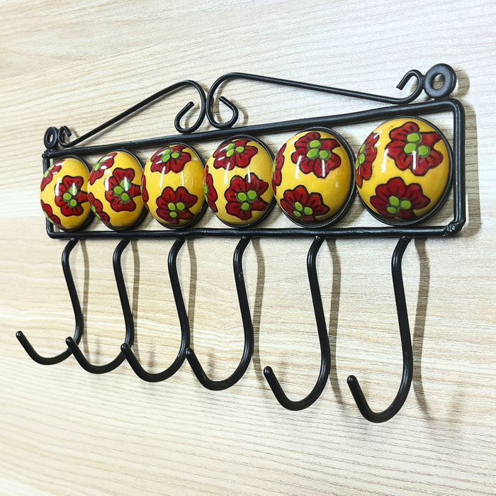 Handcrafted Yellow Ceramic and Iron Wall Hook Rack