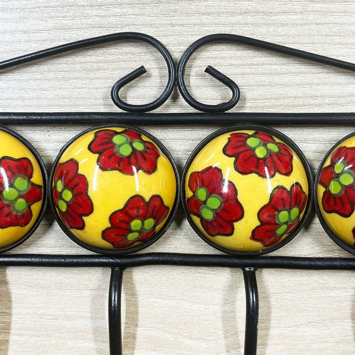 Handcrafted Yellow Ceramic and Iron Wall Hook Rack