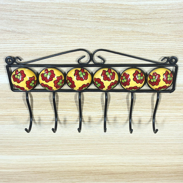 Handcrafted Yellow Ceramic and Iron Wall Hook Rack