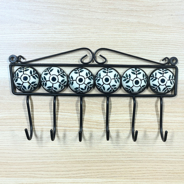 Elegant White and Black Ceramic and Iron Wall Hook Rack