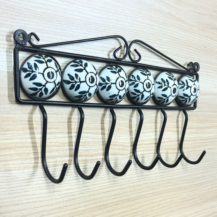 Elegant White and Black Ceramic and Iron Wall Hook Rack