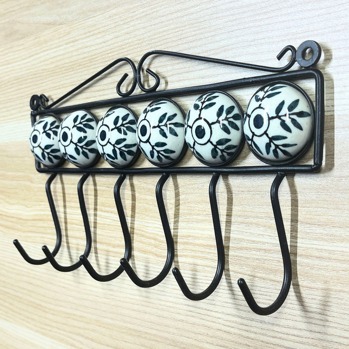 Elegant White and Black Ceramic and Iron Wall Hook Rack