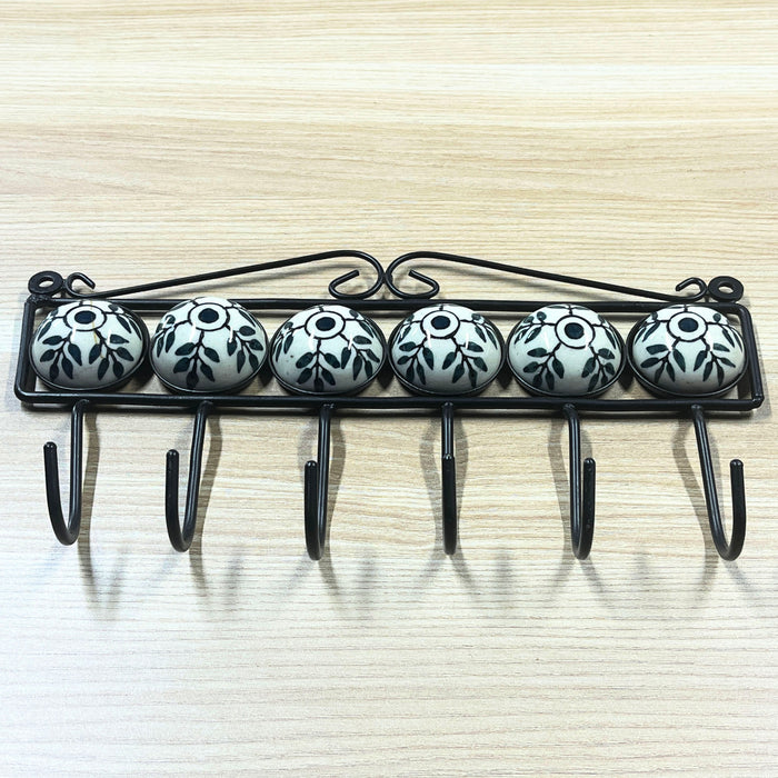 Elegant White and Black Ceramic and Iron Wall Hook Rack