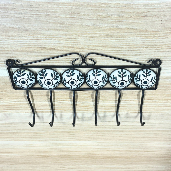 Elegant White and Black Ceramic and Iron Wall Hook Rack