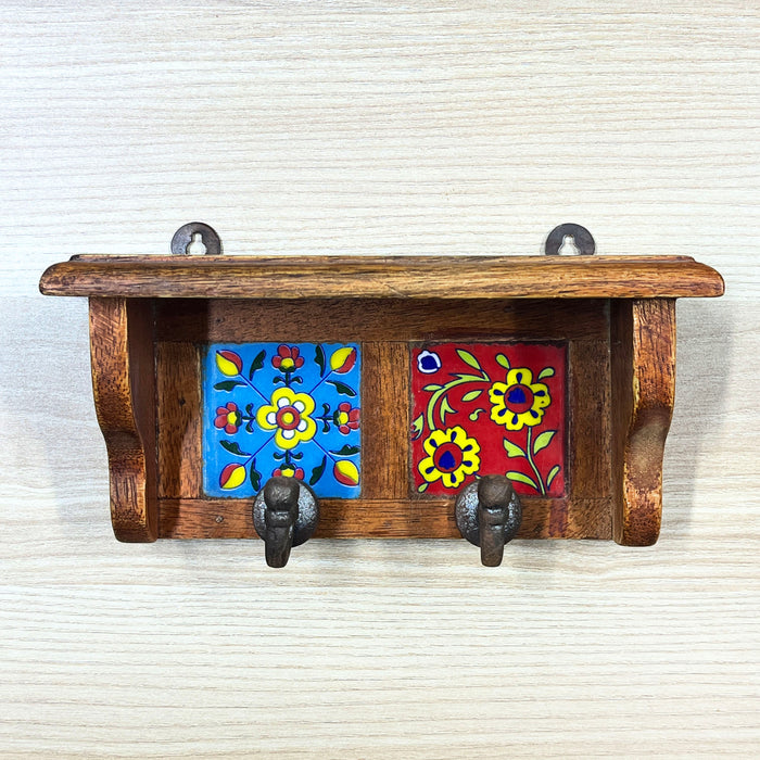 Colorful Ceramic Wood Key Holder with 2 Hooks