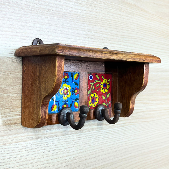 Colorful Ceramic Wood Key Holder with 2 Hooks