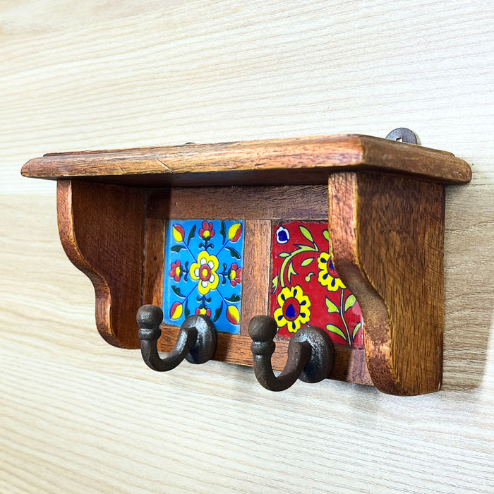 Colorful Ceramic Wood Key Holder with 2 Hooks