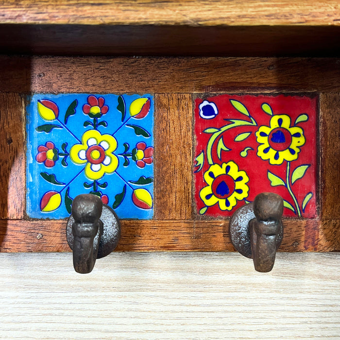 Colorful Ceramic Wood Key Holder with 2 Hooks