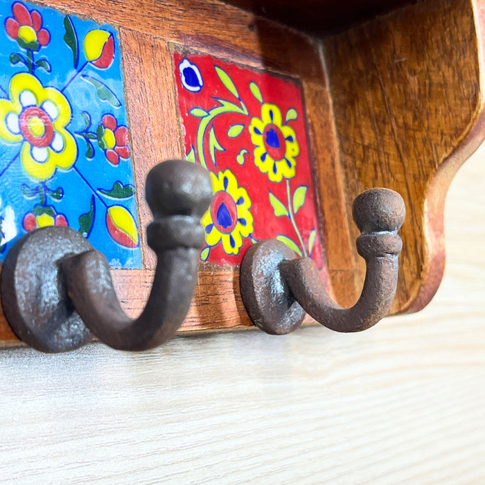 Colorful Ceramic Wood Key Holder with 2 Hooks