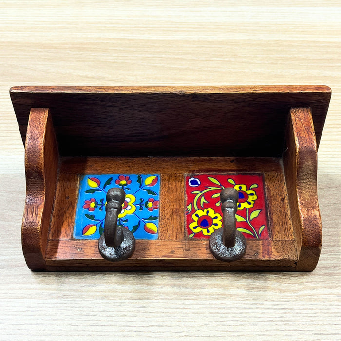 Colorful Ceramic Wood Key Holder with 2 Hooks