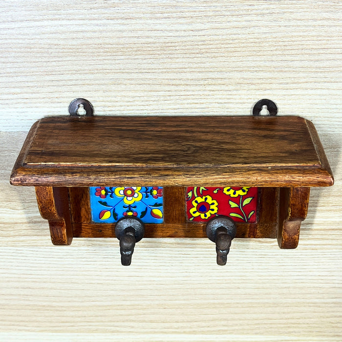 Colorful Ceramic Wood Key Holder with 2 Hooks