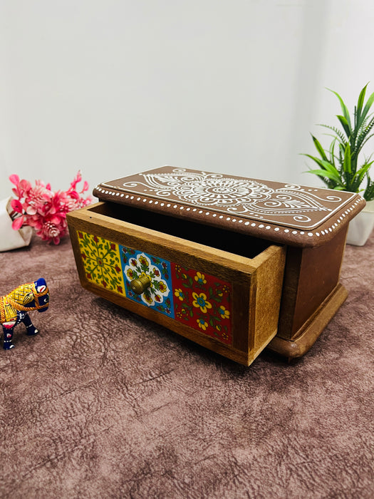 Handcrafted Wooden Box with Ceramic Tile Drawer – Decorative Storage Organizer